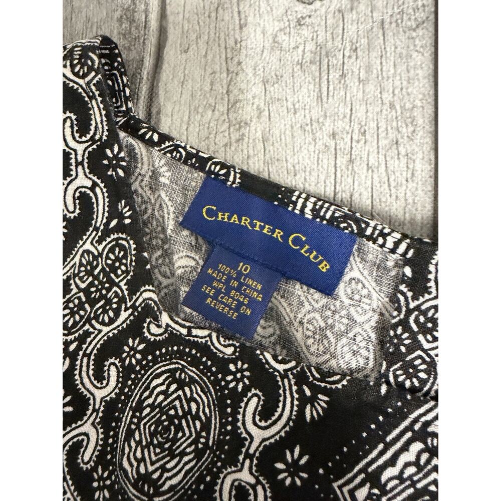 Women’s Charter Club 100% Linen Sleeveless Blouse Black White Button Back Sz 10 - Picture 2 of 7